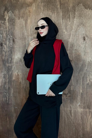Drape Detaylı Kapüşonlu Pantolunlu İkili Takım Siyah