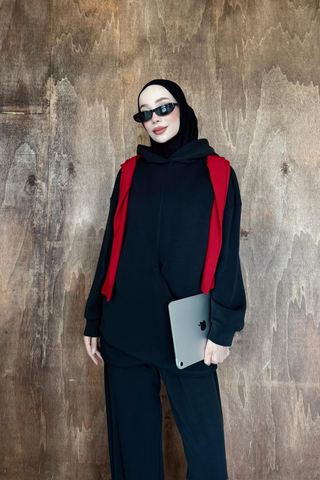 Drape Detaylı Kapüşonlu Pantolunlu İkili Takım Siyah