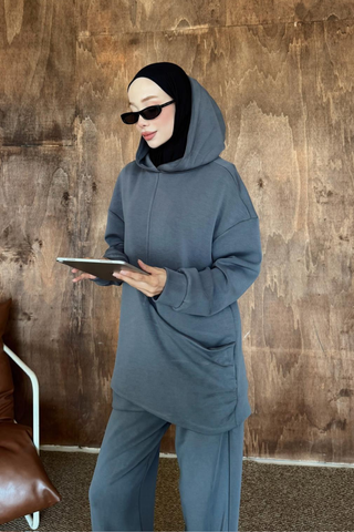 Drape Detaylı Kapüşonlu Pantolunlu İkili Takım Antrasit