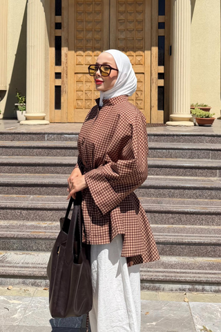 Ekose Desenli Boynu Bağlamalı Mont Kahverengi