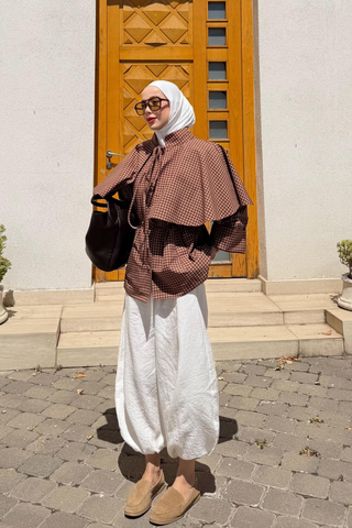 Ekose Desenli Boynu Bağlamalı Mont Kahverengi