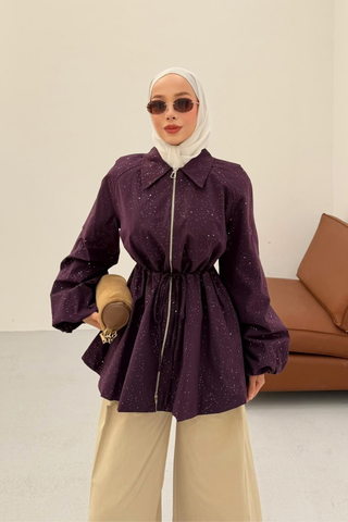 Beli Lastikli Gömlek Yakalı Sim Detaylı Ceket Burgonya