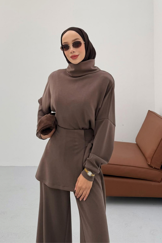Kapüşonlu Basic Pantolonlu İkili Takım Kahverengi