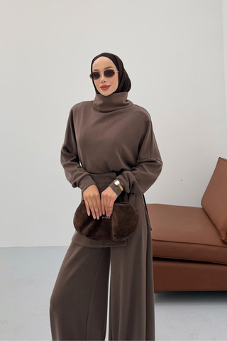 Kapüşonlu Basic Pantolonlu İkili Takım Kahverengi
