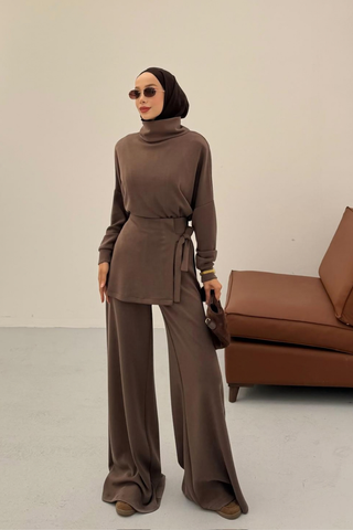 Kapüşonlu Basic Pantolonlu İkili Takım Kahverengi