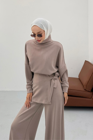 Kapüşonlu Basic Pantolonlu İkili Takım Vizon