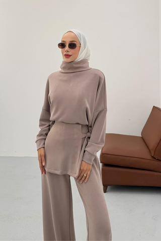 Kapüşonlu Basic Pantolonlu İkili Takım Vizon