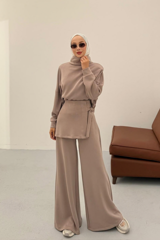 Kapüşonlu Basic Pantolonlu İkili Takım Vizon