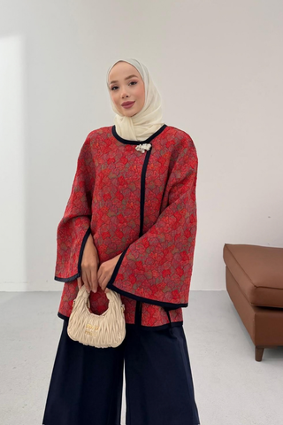Kilim Desenli Gold Broşlu Ceket Kırmızı