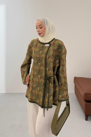 Kilim Desenli Gold Broşlu Ceket Haki