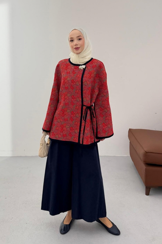 Kilim Desenli Gold Broşlu Ceket Kırmızı