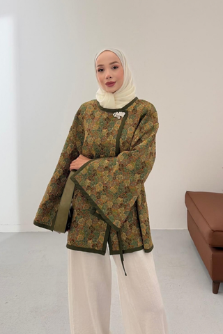 Kilim Desenli Gold Broşlu Ceket Haki