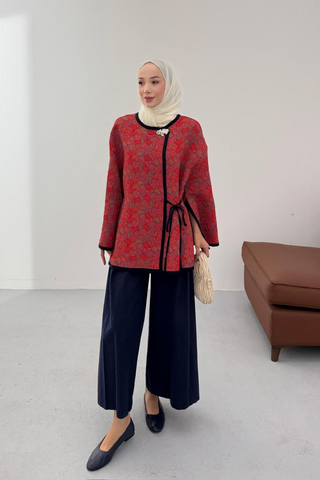 Kilim Desenli Gold Broşlu Ceket Kırmızı