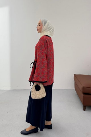 Kilim Desenli Gold Broşlu Ceket Kırmızı