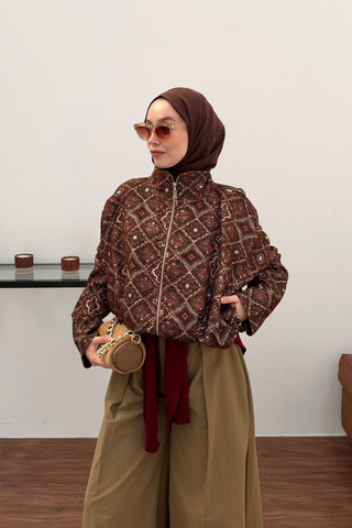 Etnik Desenli Fermuarlı Ceket Kahverengi