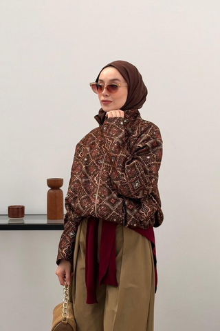 Etnik Desenli Fermuarlı Ceket Kahverengi