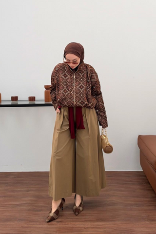Etnik Desenli Fermuarlı Ceket Kahverengi