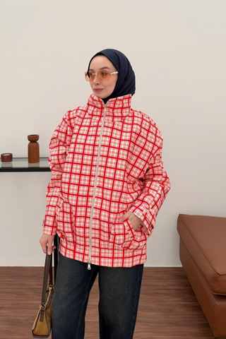 Ekose Desenli Fermuarlı Cep Detaylı Mont Kırmızı