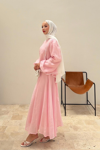 Ponpon Dantel Detaylı Etekli İkili Takım Pembe