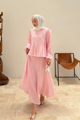 Ponpon Dantel Detaylı Etekli İkili Takım Pembe