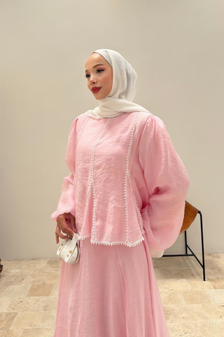 Ponpon Dantel Detaylı Etekli İkili Takım Pembe
