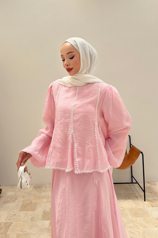 Ponpon Dantel Detaylı Etekli İkili Takım Pembe