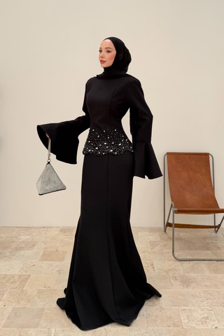 Volan Kollu Taş İşlemeli Etekli İkili Takım Siyah