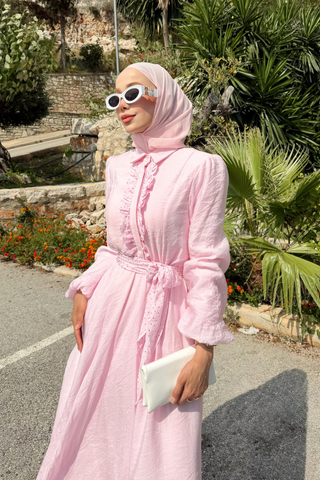 Taş İşlemeli Kuşaklı Elbise Pembe