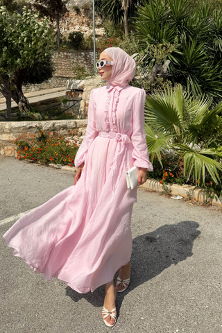 Taş İşlemeli Kuşaklı Elbise Pembe