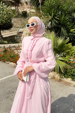 Taş İşlemeli Kuşaklı Elbise Pembe
