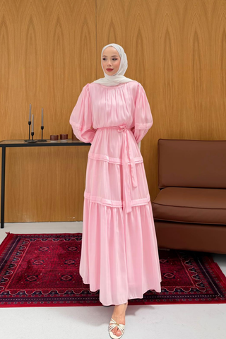 Jan Jan Saten Katlı Elbise Pembe