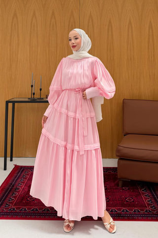 Jan Jan Saten Katlı Elbise Pembe