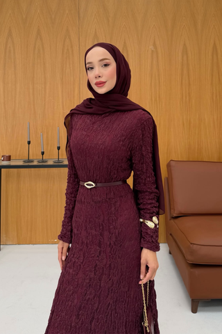 Kemerli Likralı Dantel Elbise Mürdüm