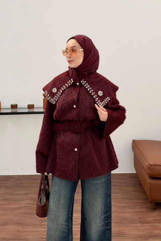 Taş İşlemeli Şal Yakalı Kemerli Mont Burgonya