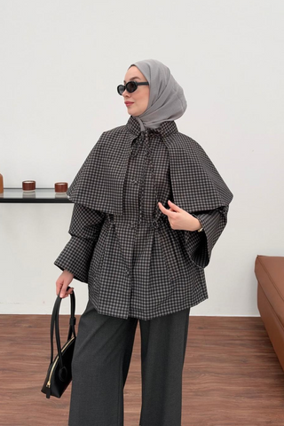 Ekose Desenli Boynu Bağlamalı Mont Siyah