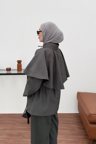 Ekose Desenli Boynu Bağlamalı Mont Siyah