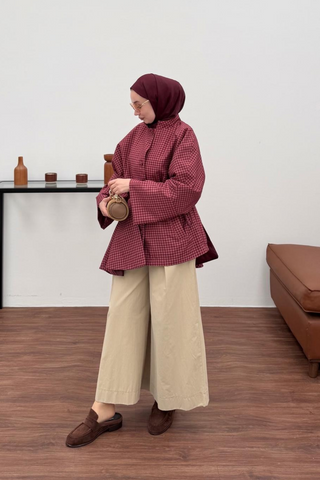 Ekose Desenli Boynu Bağlamalı Mont Burgonya