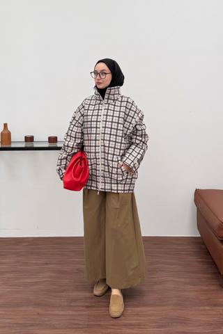 Ekose Desenli Fermuarlı Cep Detaylı Mont Siyah
