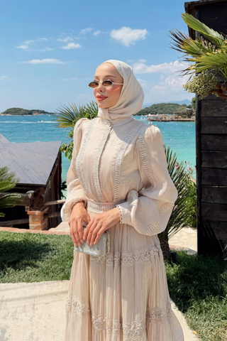 Taş Güpür Detaylı Organze Şifon Elbise Bej