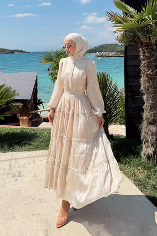 Taş Güpür Detaylı Organze Şifon Elbise Bej