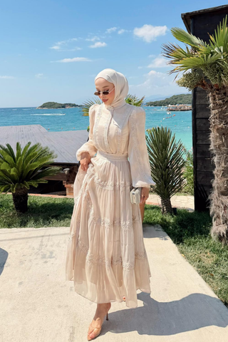 Taş Güpür Detaylı Organze Şifon Elbise Bej