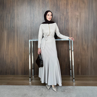 Bej Birit Düğmeli Fitilli Gold Elbise