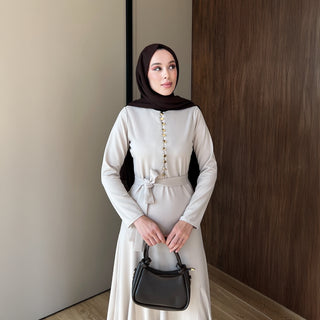 Bej Birit Düğmeli Fitilli Gold Elbise