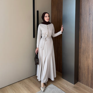 Bej Birit Düğmeli Fitilli Gold Elbise