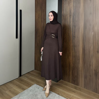 Kahverengi Önden Bağlamalı Fitilli Triko Elbise