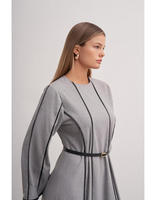 Gri Şerit Detaylı Örme Kaşe Elbise - Fushya Online