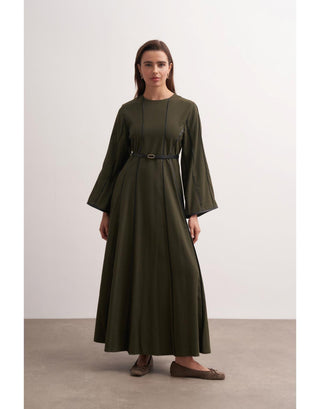 Haki Şerit Detaylı Örme Kaşe Elbise - Fushya Online