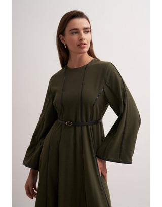 Haki Şerit Detaylı Örme Kaşe Elbise - Fushya Online