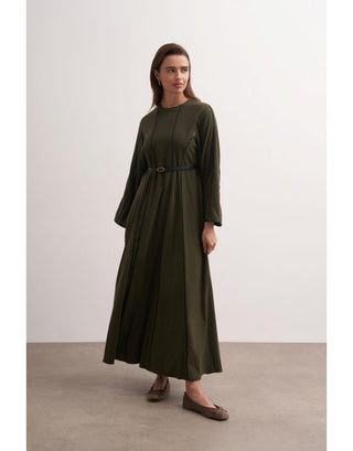 Haki Şerit Detaylı Örme Kaşe Elbise - Fushya Online