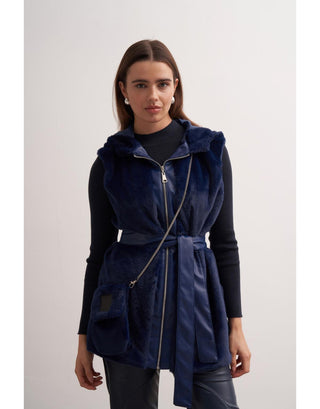 Lacivert Kapüşonlu, Deri Detaylı, Çantalı Peluş Kışlık Yelek - Fushya Online